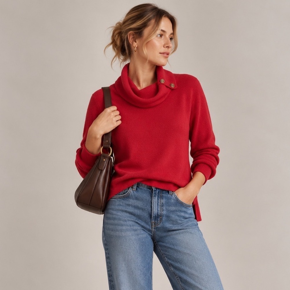 Cashmere Sweater Womens PL Berry Red Cowl Neck Button Detail Preppy 90s